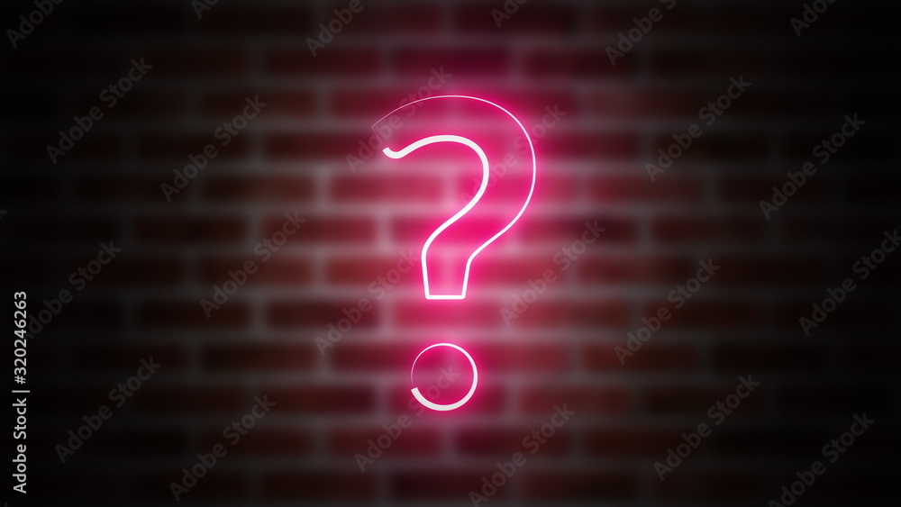 Poster question mark neon sign on a backdrop of brickwork, computer generated. 3d rendering of wireframe sy