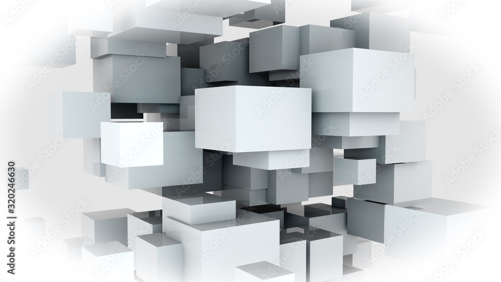 Poster random construction of many white cubes. computer generated web background, 3d rendering