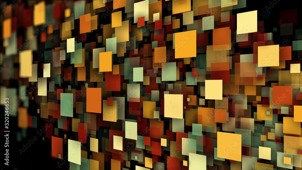 Poster abstract background with multicolored transparent squares and particles. 3d computer rendering