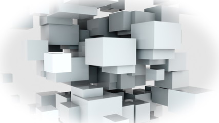 Random construction of many white cubes. Computer generated web background, 3d rendering