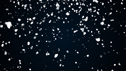 Many snowflakes with bokeh randomly slow falling in the air. Computer generated 3d rendering snow on black background