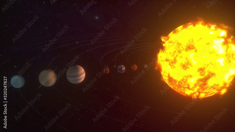 Poster 3d rendering of cosmic background. model of the orbital motion of planets in the solar system, compu