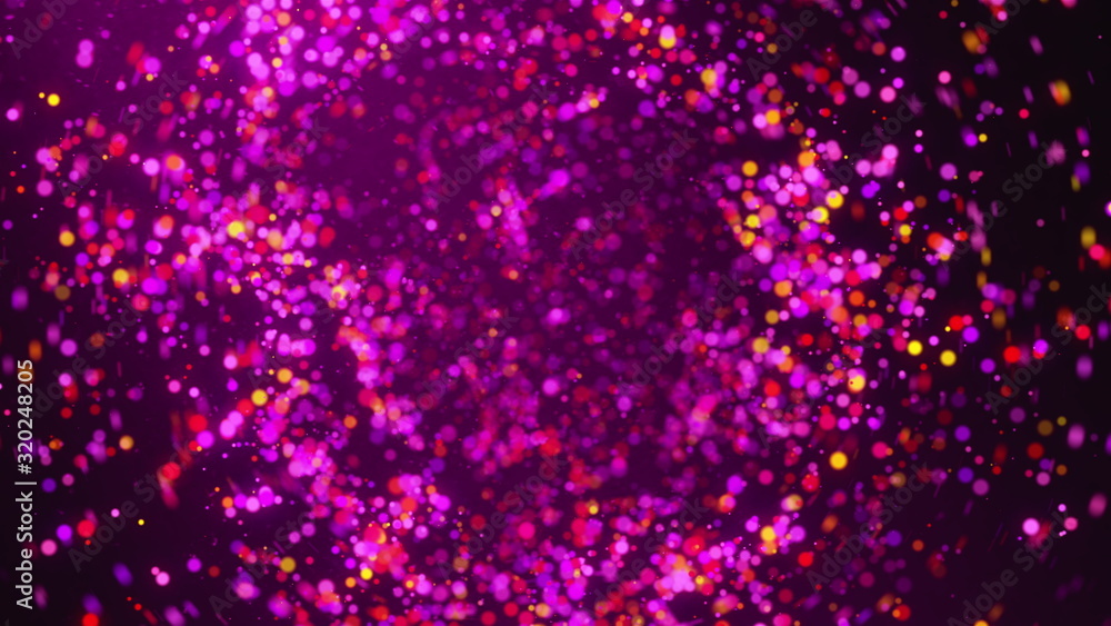 Poster many spinning colorful particles with bokeh. computer generated 3d rendering beautiful background