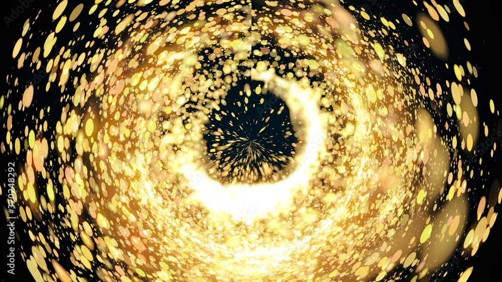 Poster computer generated abstract background. a chaotic stream of golden round particles and light creates
