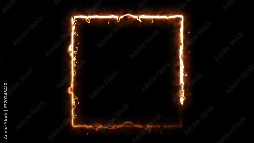 Poster computer generated fire energy square on black background. 3d rendering of abstract fire circle