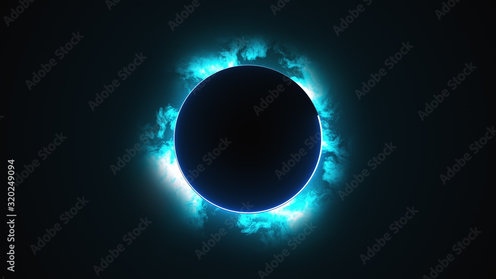 Poster computer generated a dark round disk with a neon border against the backdrop of rapidly moving cloud