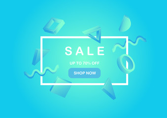 Sale and special discount inscription in the frame and next to various dynamic geometric shapes in trendy neo mint, aqua menthe and blue colors in no gravity style