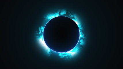 Computer generated a dark round disk with a neon border against the backdrop of rapidly moving clouds. 3d rendering solar eclipse phenomenon