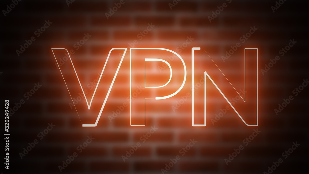 Poster 3d rendering of shine text vpn against the background of brick, computer generated wireframe symbol 