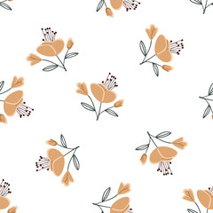 Seamless pattern with colorful hand drawn flowers. Original textile, wrapping paper, wall art surface design. Vector illustration. Floral simple minimalistic graphic design