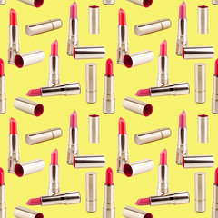 Seamless pattern of red lipstick in golden tube on yellow background isolated, shiny gold open and closed pink lipsticks, cosmetics accessory set, trendy make up wallpaper, beauty fashion art backdrop