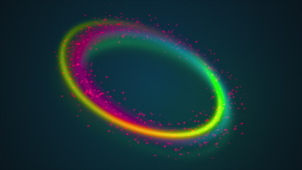 Ring shape from rainbow lines and colored luminous particles. 3d render computer generated abstract background