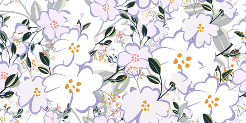 Fototapeta na wymiar Fashionable cute pattern in nativel flowers. Floral seamless background for textiles, fabrics, covers, wallpapers, print, gift wrapping or any purpose.