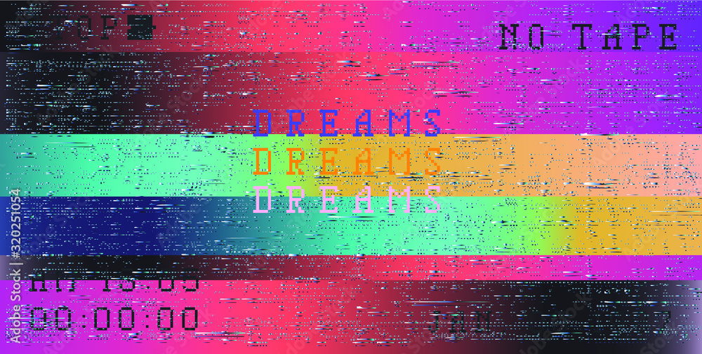 Poster glitch camera effect. retro vhs background like in old video tape rewind or no signal tv screen. vap