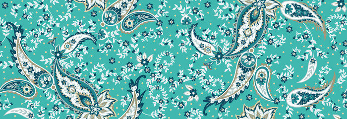 Cotton fabric Seamless ethnic pattern of paisley and decorative floral branches. Indian motif. Vector background