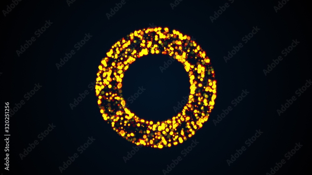 Poster circle of many flashing colored particles, computer generated. 3d rendering of art background