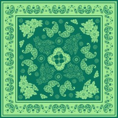 Beautiful bandana print with floral and paisley ornament in green colors. Print for scarf, shawl, kerchief. - 320251250