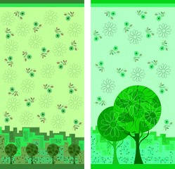 Beautiful vertical posters with trees and flowers on the background of city. Design in green colors