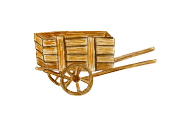 Fototapeta na wymiar Wooden brown wagon. Cart in retro style. Watercolor illustration on a white background.