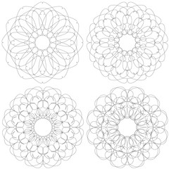 Four abstract guilloche elements in the form of seamless patterns and solar ornament isolated on a white background. Used to decorate a banknote, certificate, currency, voucher or money.