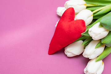 A bouquet of white tulips and a red velvet heart on a pink background-the concept of Valentine's Day.