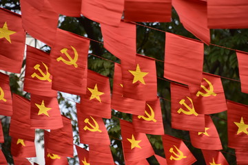 Hammer and Sickle and Vietnamese Star Pennant Flags, Hanoi, Vietnam