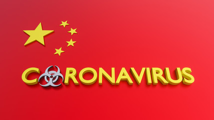 corona virus, virus in China, 3d illustration of corona virus in China, 2020 health problem in China. China flags and corona virus 3d words
