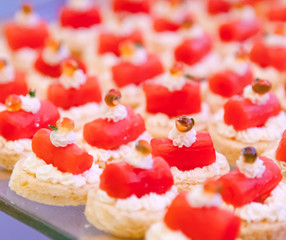 Canapes Assortment ready to eat on table background. Hotel venue restaurant food catering service buffet, cocktail banquet for wedding ceremonies, seminars, meetings, conferences, parties or events