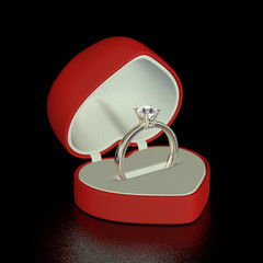 Diamond golden ring in the red heart giftbox. 3D image.