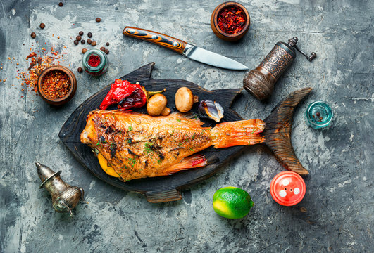 Roasted red perch and vegetables