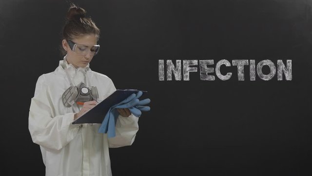 Coronavirus symbol. Word appear. Woman in protective suit and mask on dark background, virus spreading