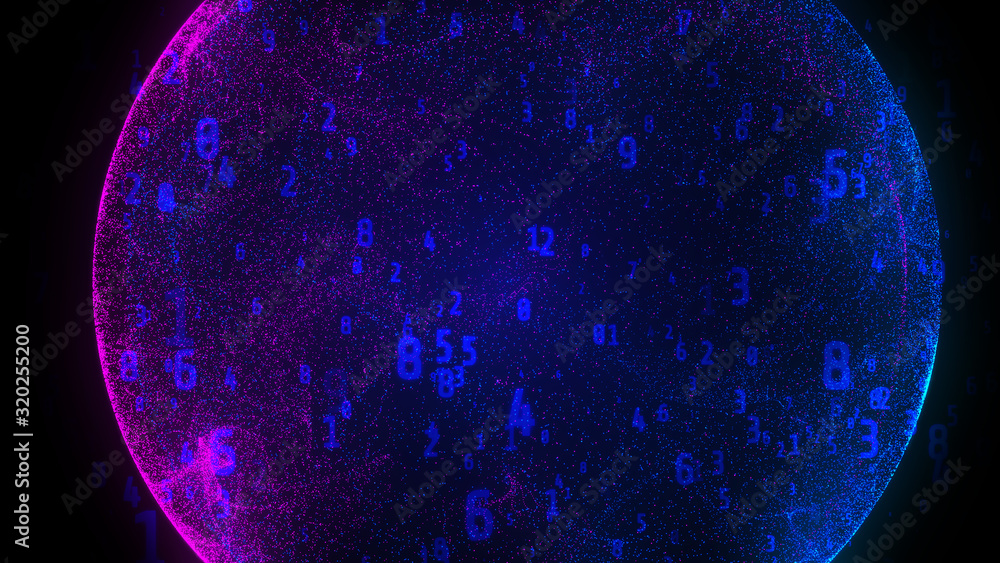 Poster Illustration Abstract Futuristic Digital Number Element Random Code. Statistic Binary Cyber Space Smart Encoder Concept Background.