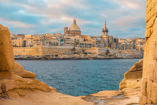 View of Valletta, Malta old town skyline from Sliema city on the other side of Marsans harbor