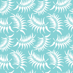 Tropical foliage pattern background. Vector silhouette summer seamless repeat design in aqua and white.