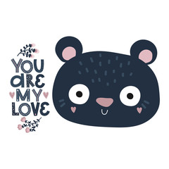 valentines day, cute blue bear, greetings template, pink love lettering vector illustration