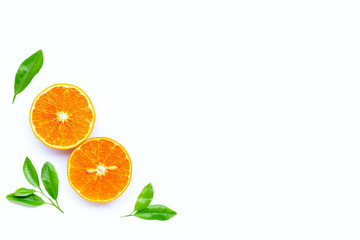High vitamin C, Juicy orange fruit with leaves on white background.