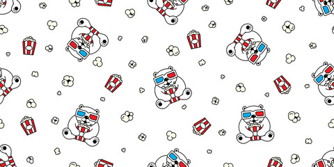 Bear seamless pattern polar bear popcorn vector movie 3d glasses cinema teddy cartoon scarf isolated repeat wallpaper tile background doodle illustration design © CNuisin