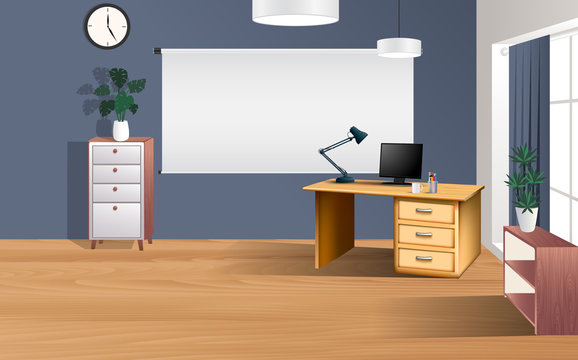 computer table and white boad in the room	