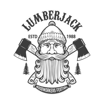 Lumberjack festival. Emblem template with lumberjack head and crossed axes. Design element for logo, label, sign, poster, banner, card. Vector illustration