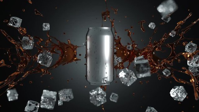 Abstract 3D animation of silver metal can with liquid soda water or cola and crystal ice cubes explosion. Fresh explosion of ice and liquid and can with water drops on surface.