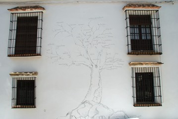 Tree painted on house wall with assorted inscriptions, Arcos de la Frontera, Spain.