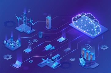 Internet of things cloud infographic, neon blue isometric 3d illustration with smart technology icons, computer network, night glowing background - 320259424