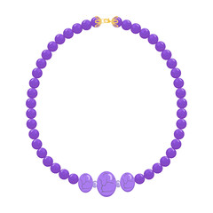 Women's necklace made of natural stone beads and cabochons. Flat vector illustration.