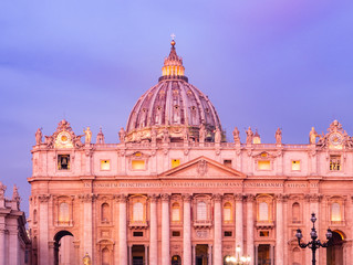 Rome, Italy - Jan 3, 2020: St. Peters Square and St. Peters Basilica at night, Vatican City, UNESCO World Heritage Site, Rome, Lazio, Italy, Europe