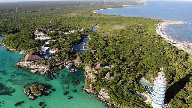 Drone footage of water park with a spiral water slide