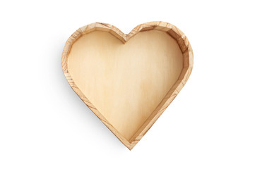 Wooden heart shaped box on white. Top view.