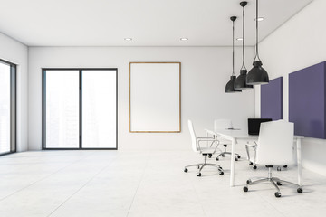 White and purple loft meeting room with poster