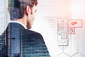 CEO looking at graphical interface in city
