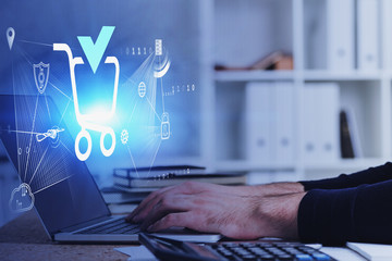 Man with laptop, online shopping interface