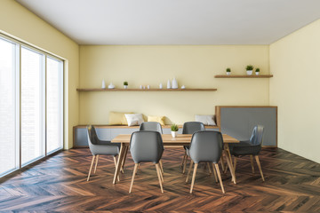 Naklejka na ściany i meble Yellow panoramic dining room with cabinet